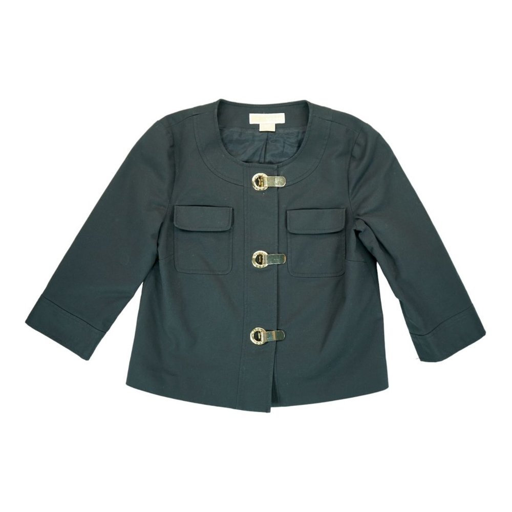 Michael Kors Black Tweed Cotton 3/4 Sleeve Blazer Gold Clasps Size Small S/P